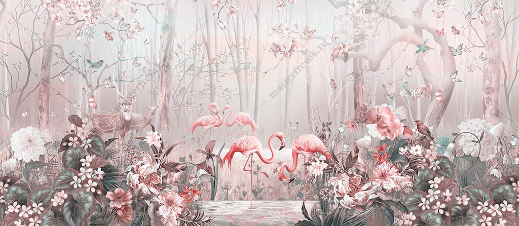 Фотообои Фламинго в цветущем саду